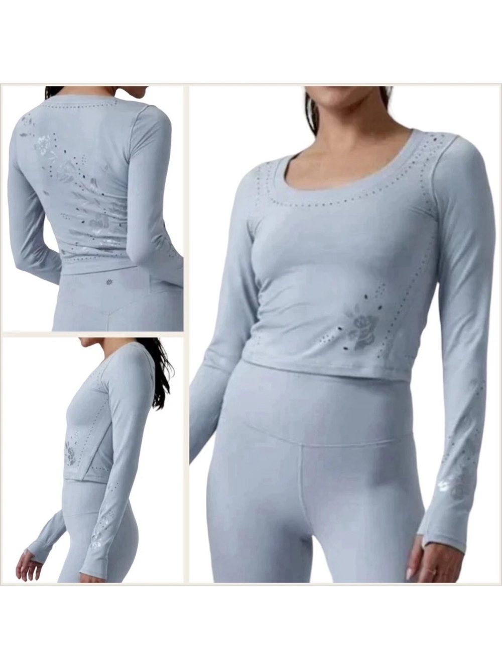 Athleta Limited Edition Shanti Eyelet Blue Fitted Cropped Tee Athletic Shirt